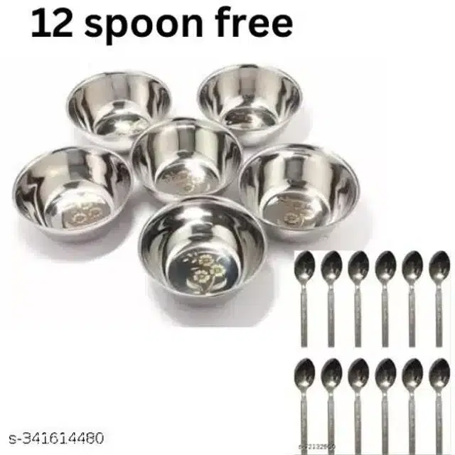 Stainless Steel 6 Pcs Bowls with 12 Pcs Spoon, Silver, Set of 2