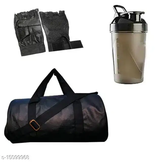 Combo of Gym Bag with Shaker Bottle, 400 ml, Gloves, Multicolor, Set of 3