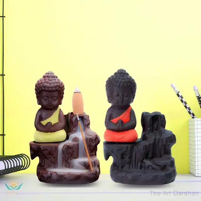 Handcrafted Polyresin Buddha Smoke Backflow Idol with 20 Incense Cone, Multicolor, Set of 2