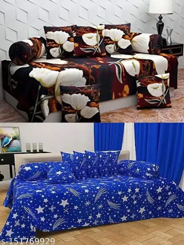 Polycotton Diwan Cover Set, Brown & Blue, Combo of 2
