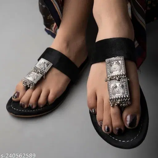 Embellished Round Toe T- Strap Flats for Women (Black, IND-5)