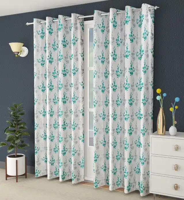Printed Curtains, Pack of 2, Teal, 5 Feet