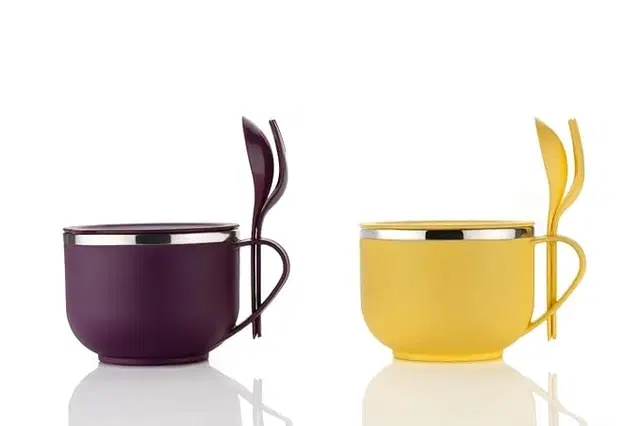 Inner Steel Microwave Safe Noodles, Soup Bowl with Spoon & Lid, Multicolor, Set of 2