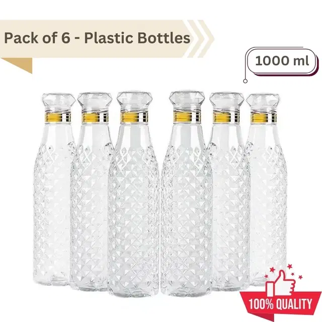 Plastic Water Bottles, 1000 ml, Set of 6, Transparent