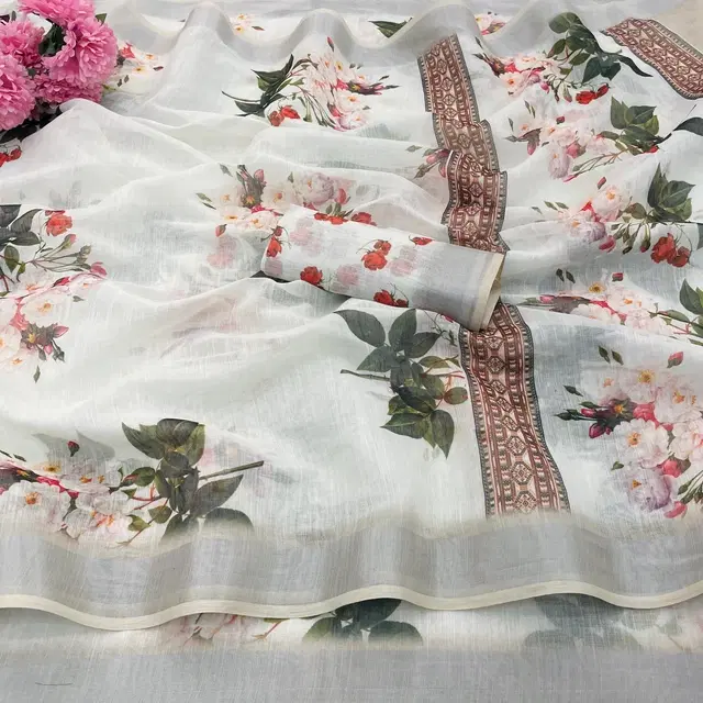 Linen Printed Saree for Women, Multicolor (6.3 m)