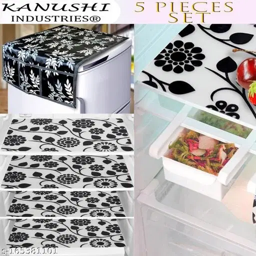 KANUSHI Industries® 1Pc Fridge Cover for Top with 6 Utility Pockets + 4 Fridge Mats (FRI-Black-Small-Leave+M-3-04)…