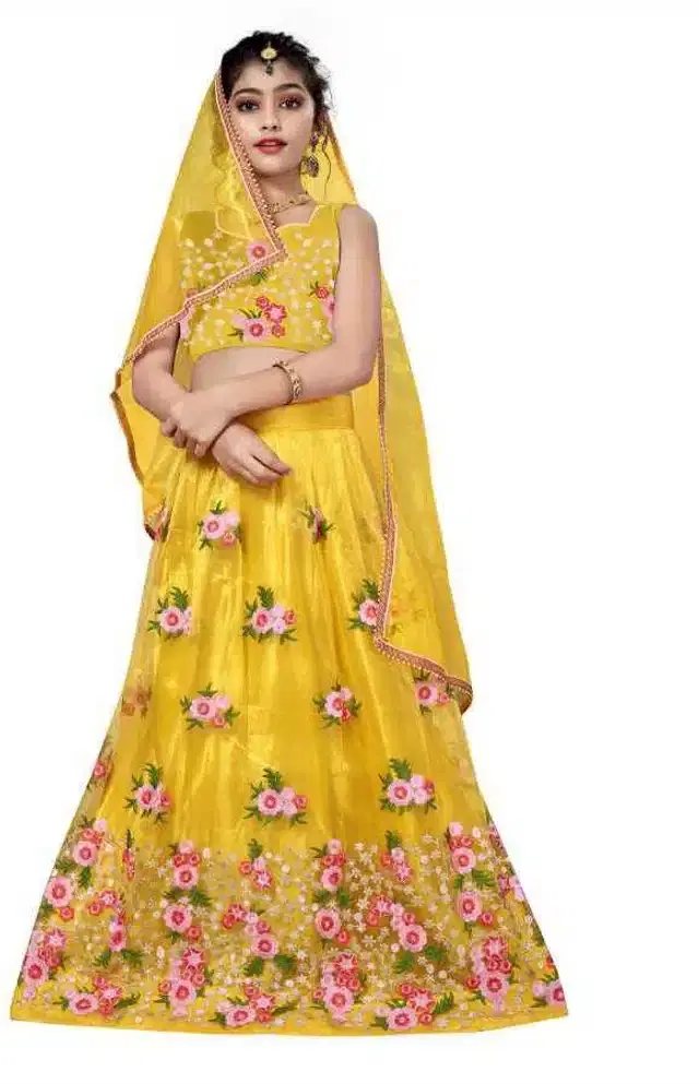 Net Embroidered Semi Stitched Lehenga for Girls (Yellow, 9-10 Years)