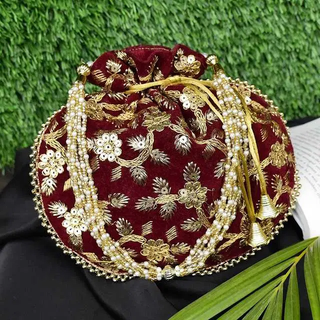 Velvet Ethnic & Traditional Handheld Potli for Women, Maroon, A-62