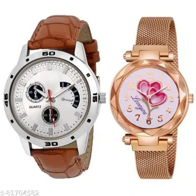 Couple Analog Watches, Set of 2 (Rose Gold & Brown)