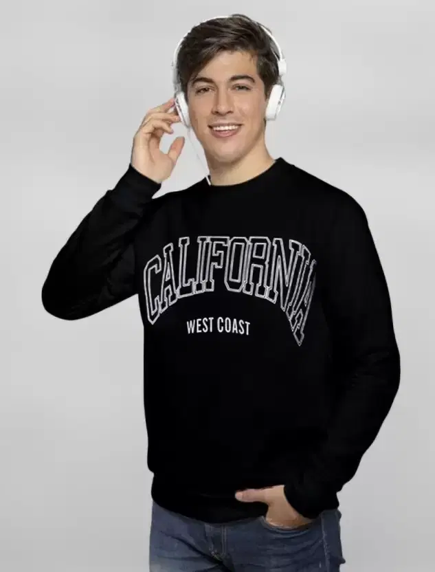 Fleece Printed Sweatshirt for Men, Black (M)