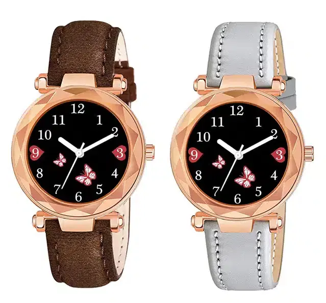 Designer Leather Analog Watch for Women & Girls, Pack of 2 (Brown & Grey)