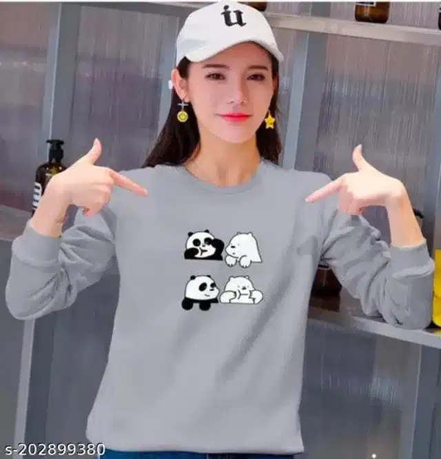 Fleece Printed Full Sleeves Round Neck Sweatshirt for Women (Grey, S)