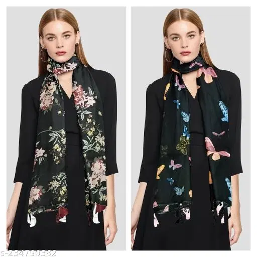 Chiffon Scarves for Women, Black, Pack of 2