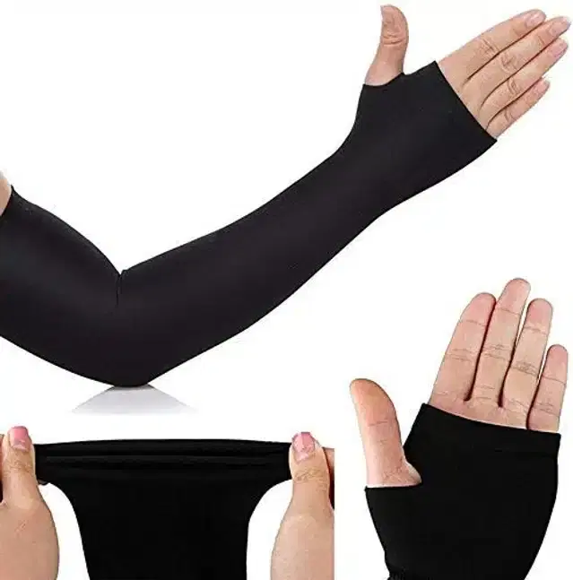 Cotton Blend Arm Sleeves for Men & Women (Black, Free Size)