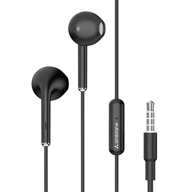 Ambrane Wired In Earphones With In-Line Mic For Clear Calling, 14mm Dynamic Drivers For BoostedBass™, 3.5mm Jack, Multi-Functional Controller (Stringz 38 Lite, Black)