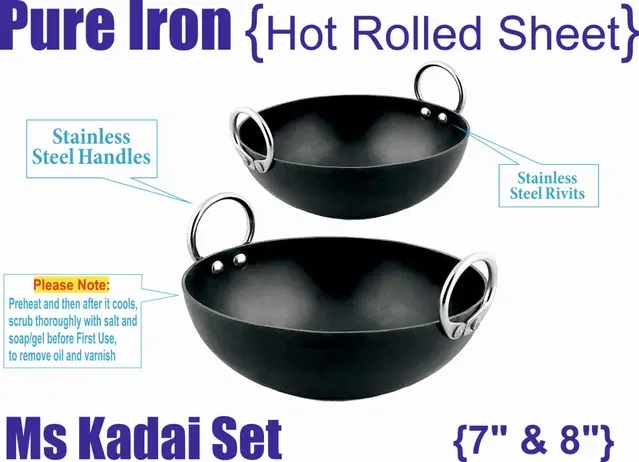 Iron Non Coated Kadhai, Black, 0.75 L & 1 L, Set of 2