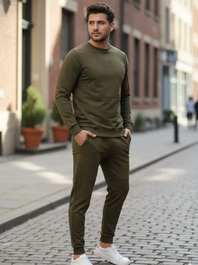 Cotton Tracksuit For Men, Olive Green (XXL)