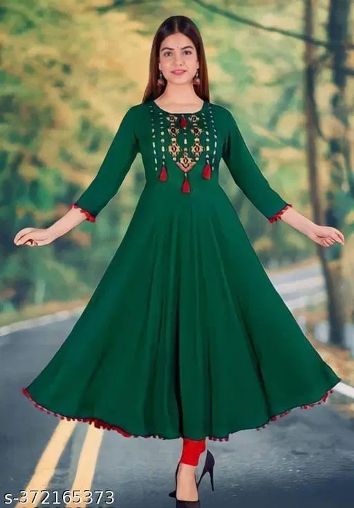 Women Embroidered Rayon Anarkali Kurta, Green (L)