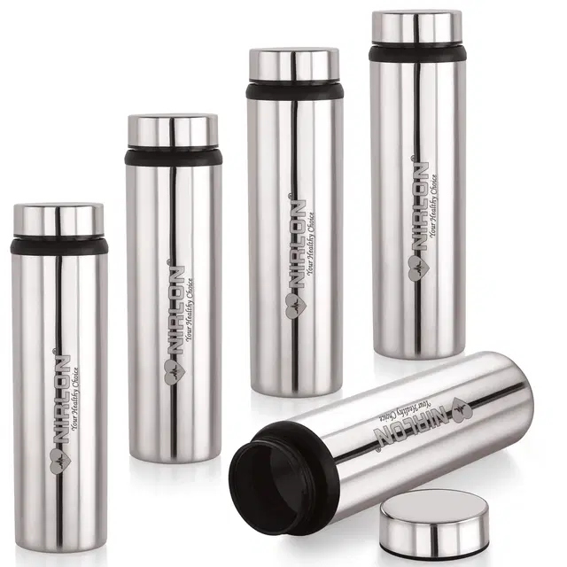 Nirlon Stainless Steel Water Bottles, Silver, 900 ml, Pack of 5