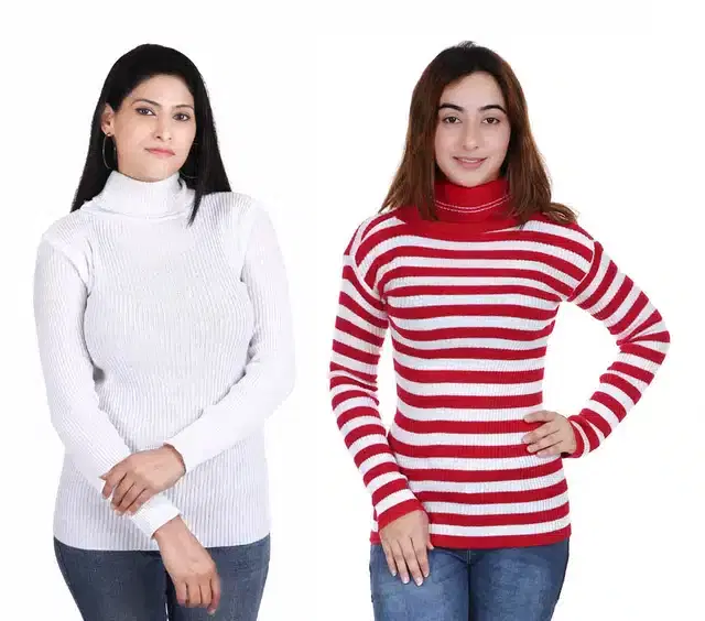Full Sleeves Solid Sweater for Women, Pack of 2 (White & Red, S)
