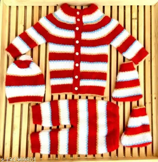 Woolen Sweater with Pajama & Cap with Socks Set for Newborn Baby, Set of 1 (Red & White, 0-6 Months)
