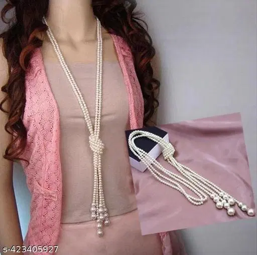 White Artificial Pearls Sweater Necklace Jewelry | Stylish Long Chain Charms for Women