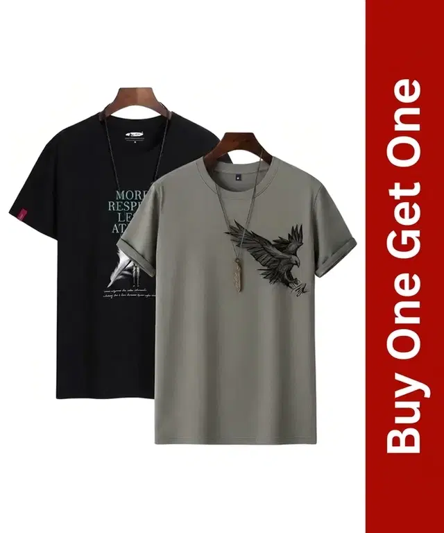 Men's Round Neck Printed T-Shirt, Buy 1 Get 1, Grey & Black, L