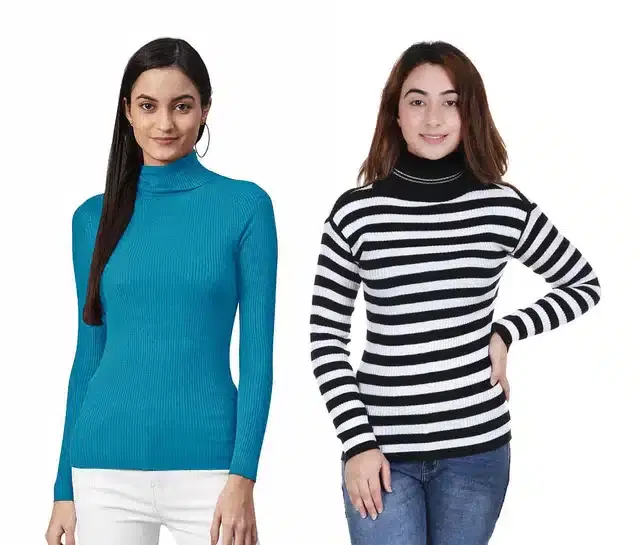 Full Sleeves Solid Sweater for Women, Pack of 2 (Aqua Blue & White, S)