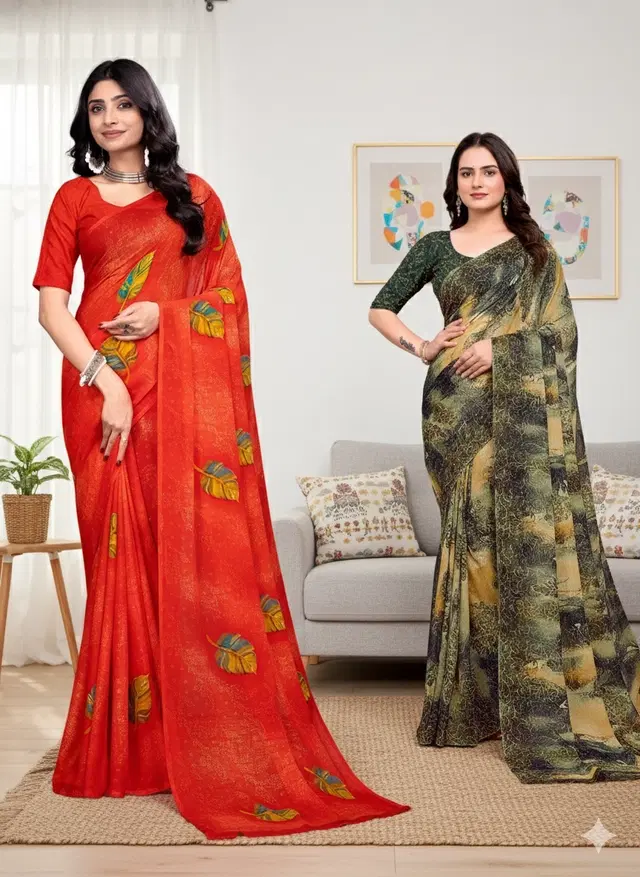 Georgette Printed Saree for Women, Multicolor, Pack of 2 (6.3 m)