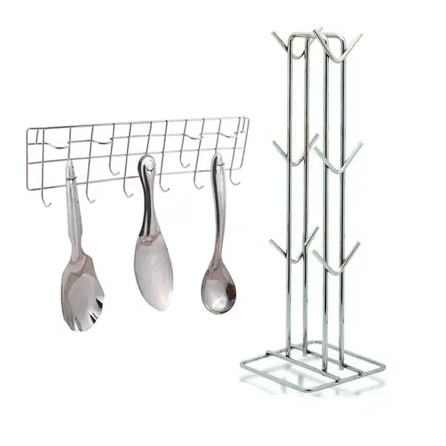 Oc9 Stainless Steel Cup Stand & Wall Mounted Ladle Hook Rail For Kitchen