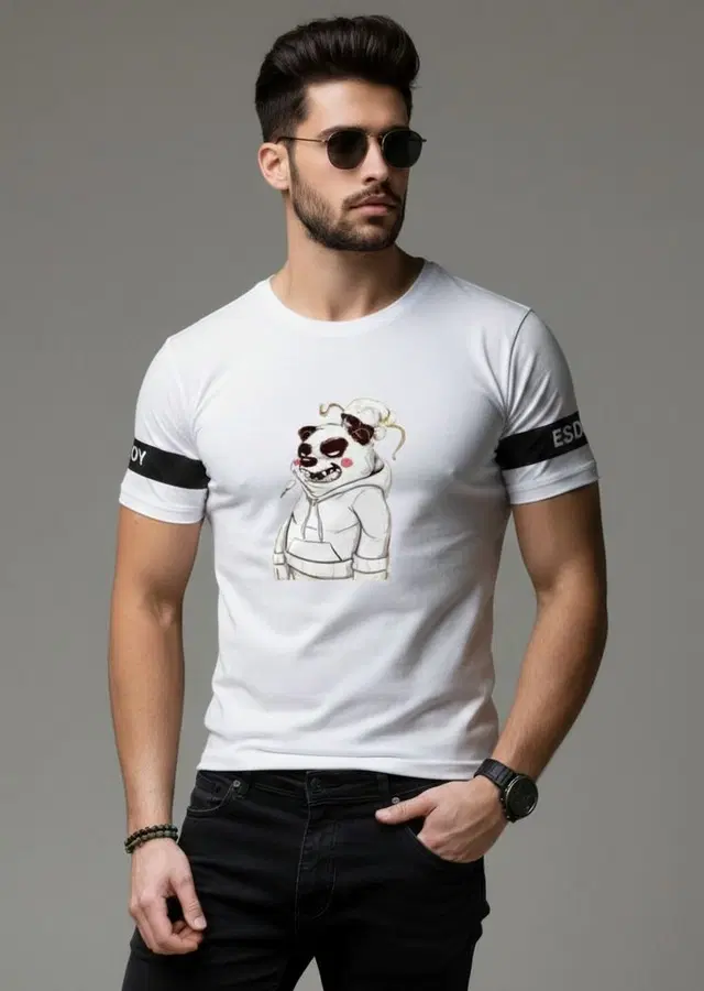Polyester Printed T-shirt for Men, White (M)