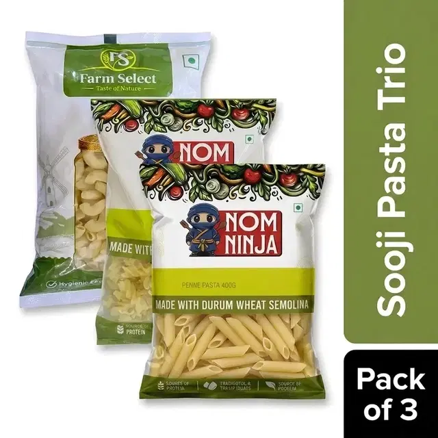 Nom Ninja Penne Pasta 400 g (100 % Sooji) + Nom Ninja Spiral Pasta 400 g (100 % Sooji) + Farm Select Macaroni 350 g (100 % Sooji)