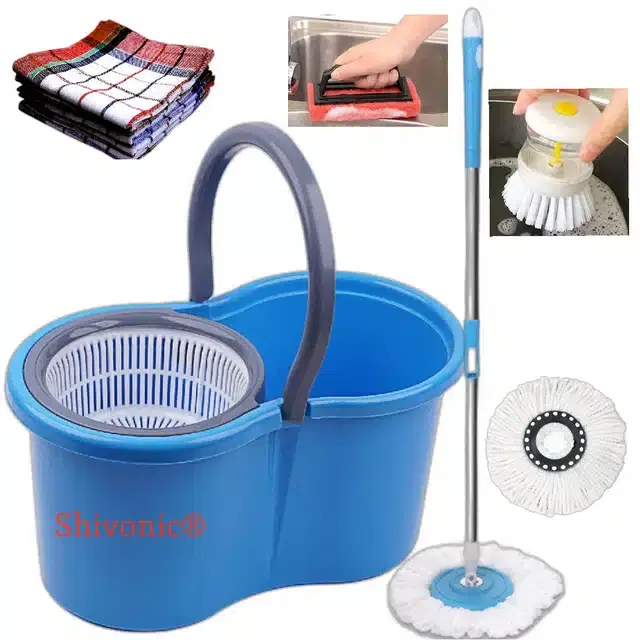 Dry Bucket Mop Set with 2 Refills & Cleaning Accessories Combo, Set of 4, Multicolor
