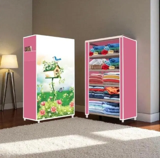 6-Layer Bird Print Multipurpose Shoe Rack with Cover Pink