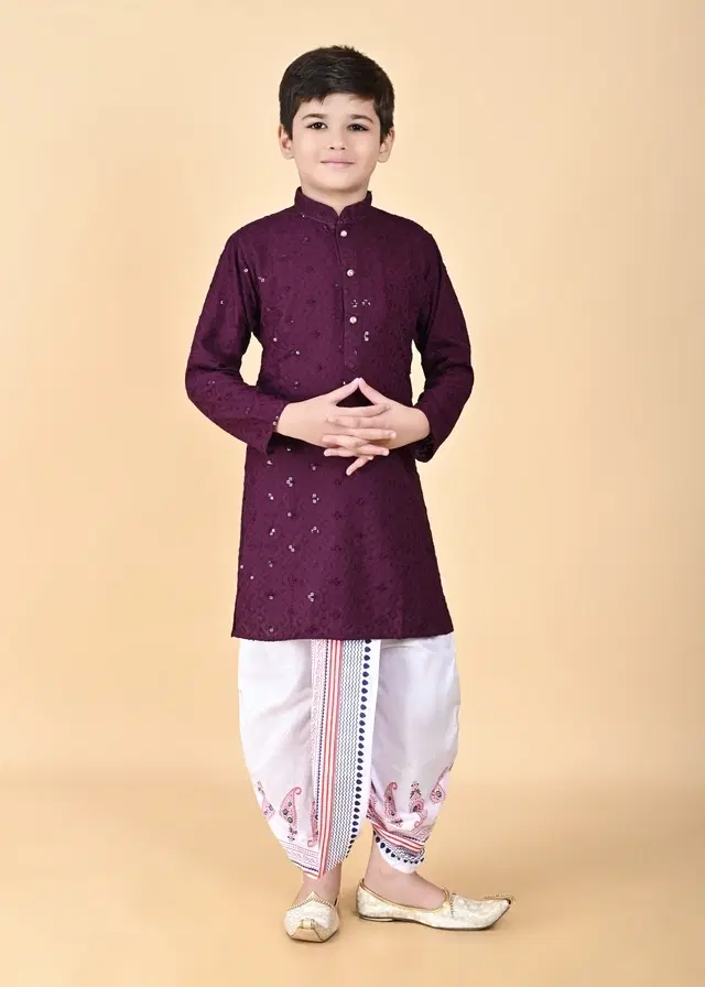 Rayon Embellished Kurta with Dhoti for Boys, Yellow & White (6-12 Months)
