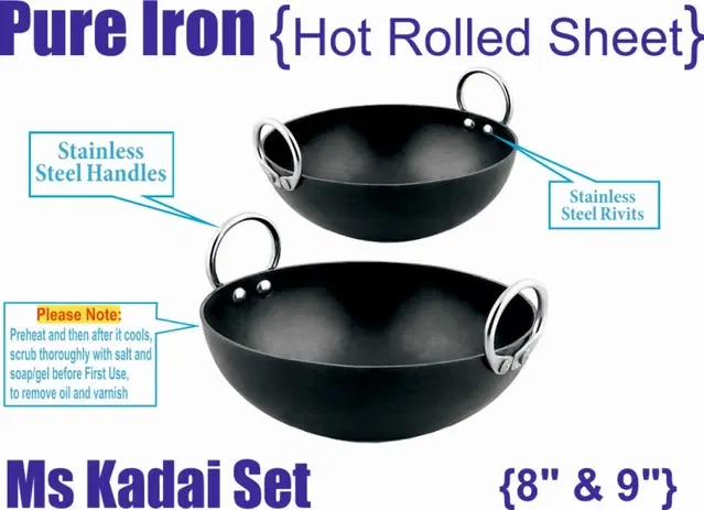 Iron Non Coated Kadhai, Black, 1 L & 1.5 L, Set of 2