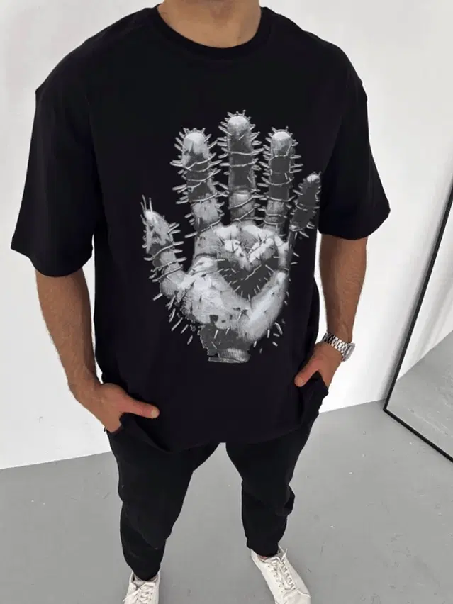 Cotton Round Neck Printed Oversized T-Shirt for Men (Black, L)