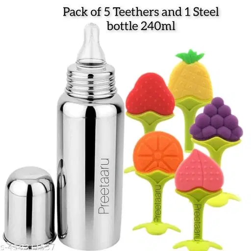 Steel Feeding Bottle With 5 Silicone Teethers,Safe Teethers Feeding Bottle 240Ml Steel Feeding Bottle