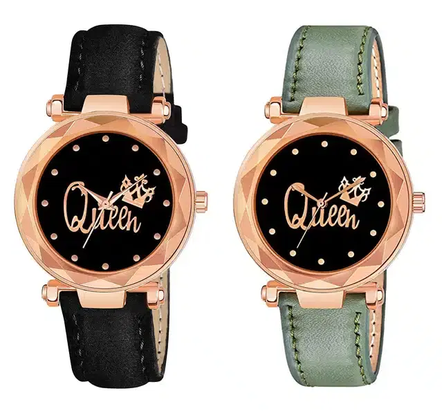 Designer Leather Analog Watch for Women & Girls, Pack of 2 (Black & Green)