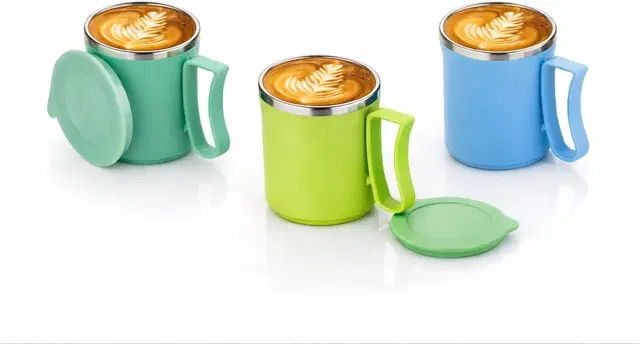 Stainless Steel Coffe Mug, Multicolour, Pack of 3 (300 ML)