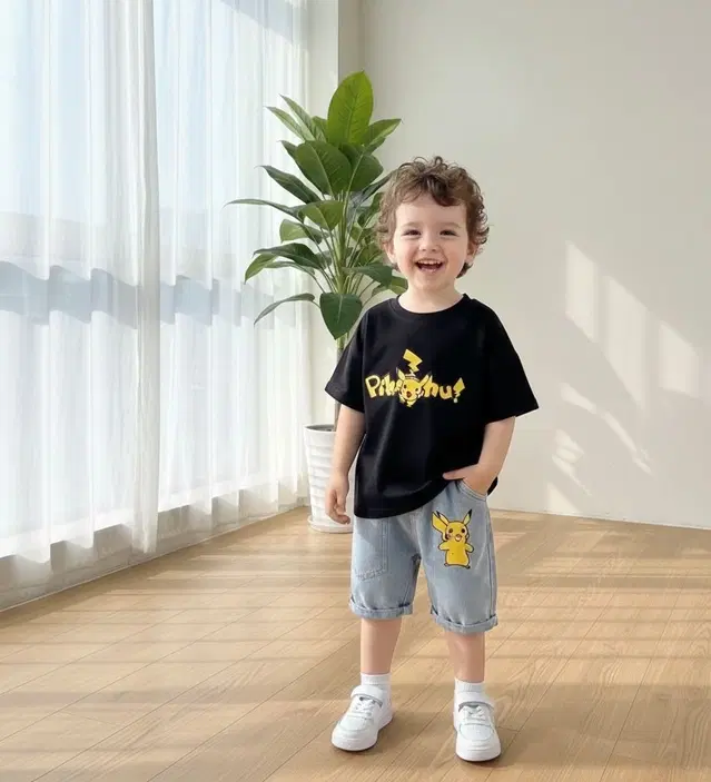 Pikachu Printed T-Shirt & Denim Shorts Set for Boys (Black, 6 - 12 Months)