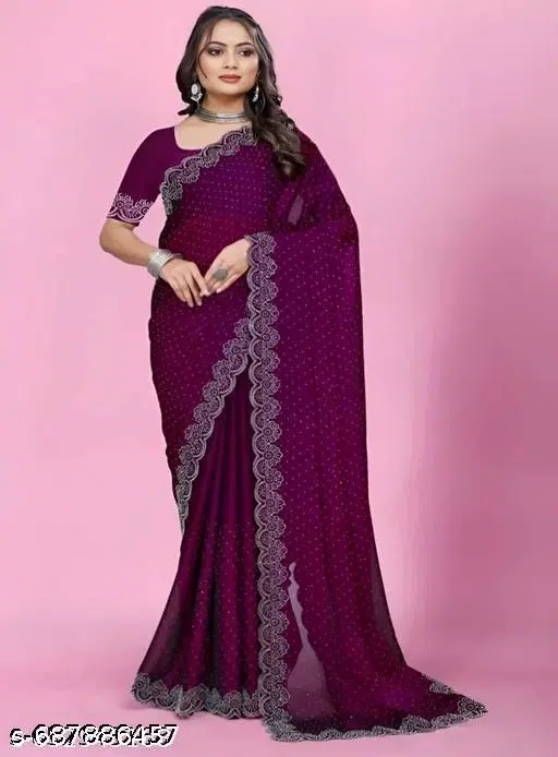 Chiffon Embellished Saree For Women, Purple