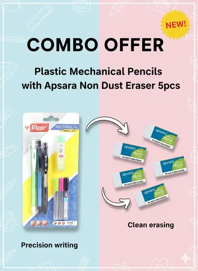 Plastic Mechanical Pencils with Apsara Non Dust Eraser 5pcs ( set of 8)