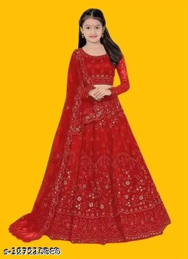 Net Lehenga with Choli & Dupatta for Girls (Red, 3-4 Years)