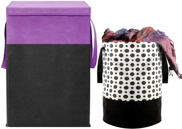 Canvas Laundry Basket,Purple & Black,  (Pack Of 2)