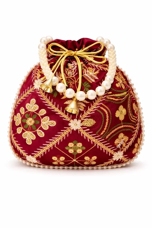 Handcrafted Embroidered Silk Potli Bag, Maroon