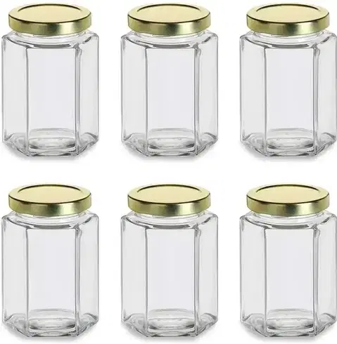 Afast 250Ml Transparent Gold Lid Glass Hexagone Jars | Best Quality Glass Jars For Your Home And Kitchen, Pack Of 6