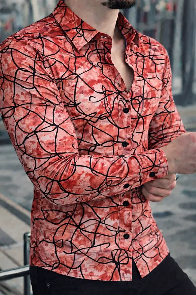 Lycra Geometric Print Shirt for Men, Red (S)