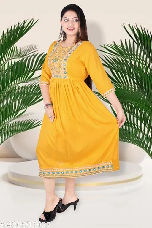 Embroidery Cotton Rayon Fabric Kurta for Women (Yellow, XS)