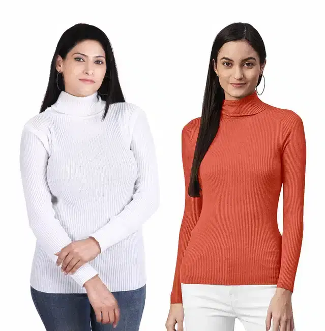 Full Sleeves High Neck Sweater for Women, Pack of 2 (White & Orange, S)